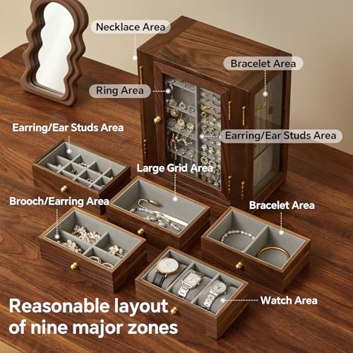 360 Rotating Design Wooden Jewelry Box for Women | Large Jewelry Organizer with Velvet Lining, 5 Drawers, Transparent Glass Doors, Black Walnut Wood Grain - size: Rotation