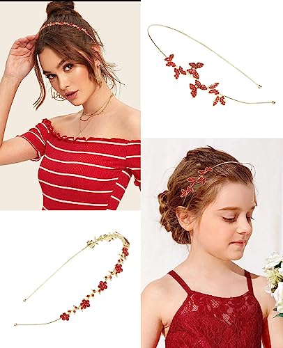 Wecoe 4 Pack Red Rhinestone Headband Flower Girl Bridal Wedding Headband Crystal Headpiece Flower Leaf Butterfly Metal Hairband Girls Hair Accessories For Women Girls Gifts - color: Gold band & red rhinestones