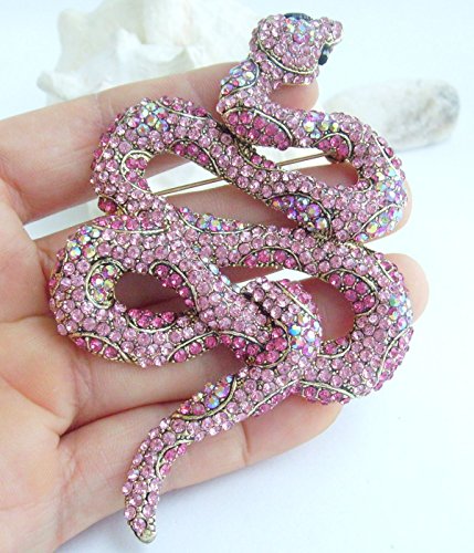Classic 3.94" Unique Animal Snake Brooch Pin Pendant Austrian Crystal BZ5847 - color: Gold-Tone Pink