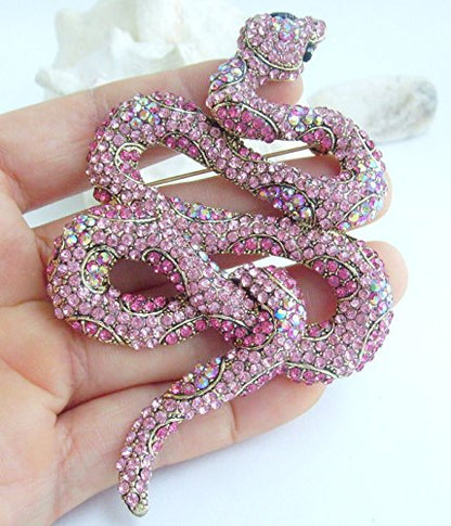 Classic 3.94" Unique Animal Snake Brooch Pin Pendant Austrian Crystal BZ5847 - color: Gold-Tone Pink