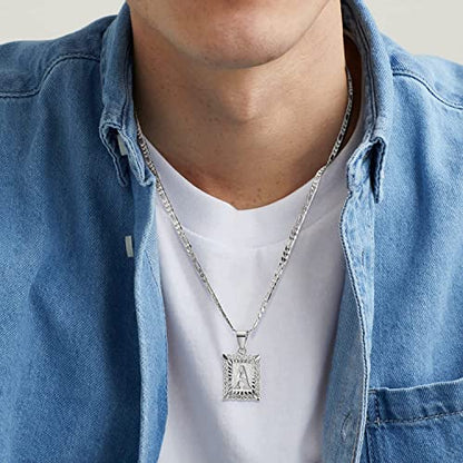 KissYan Initial Necklaces for Women Men | 14K Gold Filled/White Gold Plated, Square Letter Capital Monogram Pendant with 20''+2'' Figaro Chain, Alphabets from A-Z - color: 2-Silver, style: T