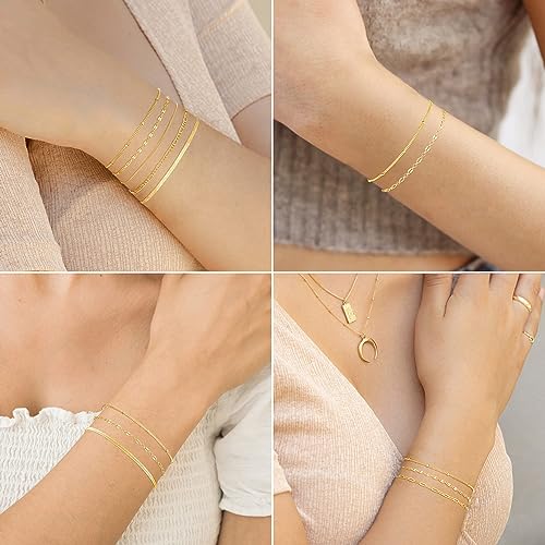 Dainty 14K Gold Plated Bracelets for Women Waterproof, Non Tarnish Gold Jewelry Sets, Thin Stackable Link Paperclip Chain Bracelet Pack Fashion Accessories Gifts for Womens - style: 5Pcs BRACELET SET-06