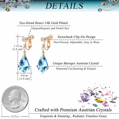 Austrian Crystal Baroque Drop Clip On Dangle Earrings for Women Non Pierced 14K Rose Gold Plated Hypoallergenic Jewelry - color: Aquamarine