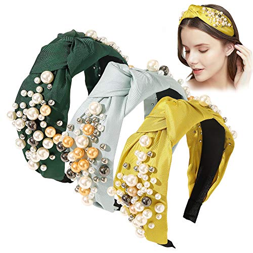 Ivyu Headbands for Women Head Bands - Knotted Pearl Headband Diademas Para Mujer De Moda Hair Accessories Hairbands for Girls No Slip Fashion Cute Top Knot Headband Gift for Women - color: Green Yellow Blue