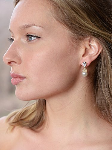 Mariell Clip-On Pearl Drop Bridal Earrings with Cubic Zirconia Crystals and Ivory Pearls For Brides, Bridesmaids, Weddings, Jewelry Gift for Women - color: Gold