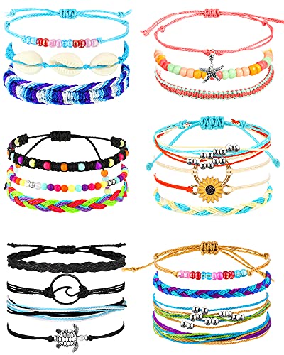 Hicarer 21 PC Surfer Wave Friendship Bracelet Set Waterproof Adjustable Boho Beach String Anklets Bulk, Summer Gift for Women - style: Classic Style