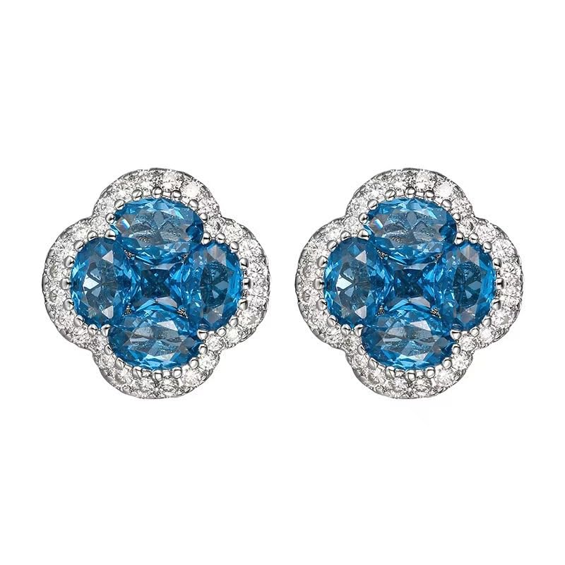 Green/Blue Zircon 4-Leaf Clover Jewelry Set – Necklace, Ring, Earrings – Women's Wedding & Evening Gift for Wife, Girlfriend, Mother – Comes with Gift Box - color: Blue Earrings
