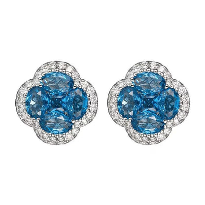 Green/Blue Zircon 4-Leaf Clover Jewelry Set – Necklace, Ring, Earrings – Women's Wedding & Evening Gift for Wife, Girlfriend, Mother – Comes with Gift Box - color: Blue Earrings