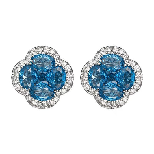 Green/Blue Zircon 4-Leaf Clover Jewelry Set – Necklace, Ring, Earrings – Women's Wedding & Evening Gift for Wife, Girlfriend, Mother – Comes with Gift Box - color: Blue Earrings