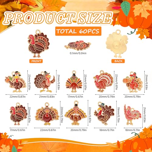 60Pcs Thanksgiving Turkey Charms, Fall Charms for Jewelry Making | Enamel Metal, Thanksgiving DIY Crafts, Earring Necklace Bracelet Making, Autumn Jewelry Pendants - style: Turkey Charms