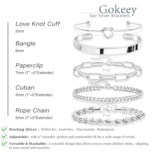 Gokeey Sterling Silver Cuff Bangle Bracelet Set for Women Waterproof, Non Tarnish S925 Silver Chunky Cuban Link Chain Heart Love Infinity Tie Knot Paperclip Beaded Twist Rope Silver Bracelets Fashion Jewelry Gifts Set - color: Silver-Stackable Bangles set