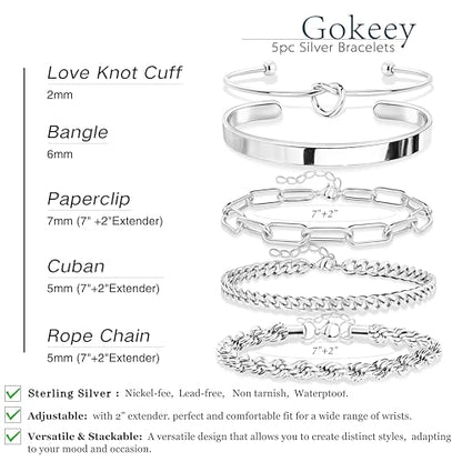 Gokeey Sterling Silver Cuff Bangle Bracelet Set for Women Waterproof, Non Tarnish S925 Silver Chunky Cuban Link Chain Heart Love Infinity Tie Knot Paperclip Beaded Twist Rope Silver Bracelets Fashion Jewelry Gifts Set - color: Silver-Stackable Bangles set