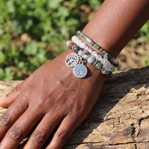 YGLINE Tree of Life Yoga Healing Stone Bracelets,Multilayer Lotus Chakra Stone Reiki Bracelet Sets,Anxiety Crystal Natural Stone,for Women Stress Relief - color: agate＆white marble-3w