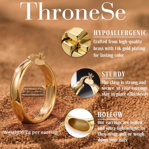 8mm Wide Gold Hoop Earrings for Women Hypoallergenic 925 Sterling Silver post Lightweight Large 14k Chunky Gold Hoop Earrings for Women 20/30/40/50/60mm - color: Gold 40mm