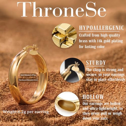 8mm Wide Gold Hoop Earrings for Women Hypoallergenic 925 Sterling Silver post Lightweight Large 14k Chunky Gold Hoop Earrings for Women 20/30/40/50/60mm - color: Gold 40mm