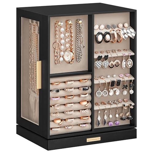 SONGMICS GISELLA Collection - Jewelry Box Organizer 360° Rotating, Vertical Jewelry Storage Case with 5 Drawers, Glass Window, Spacious, Open Design, Great Gift, Ink Black UJBC170B01 - color: Graphite Black, size: 5 Drawers (6.3"d X 8.7"w X 11.2"h)
