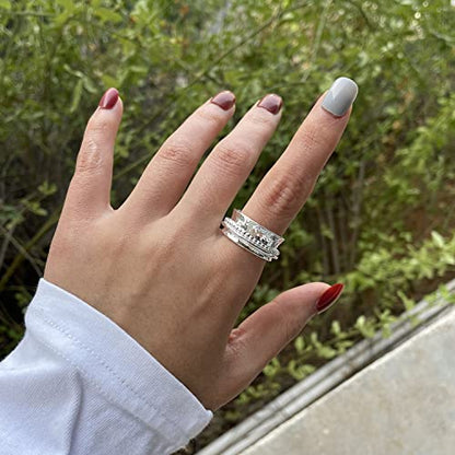 925 Sterling Silver Anxiety Ring with Beads Fidget Spinning Rings for Women Worry Beads Rings - color: hammered design C