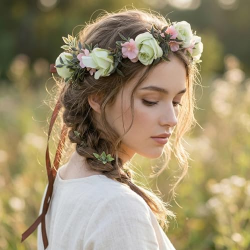 Pink Green Flower Crown Headband, Boho Rose Floral Headpiece | Artificial, Adjustable Fairy Woodland Headbands, Women Maternity Wedding Renaissance Festival Birthday Party Accessories - color: Pink-green