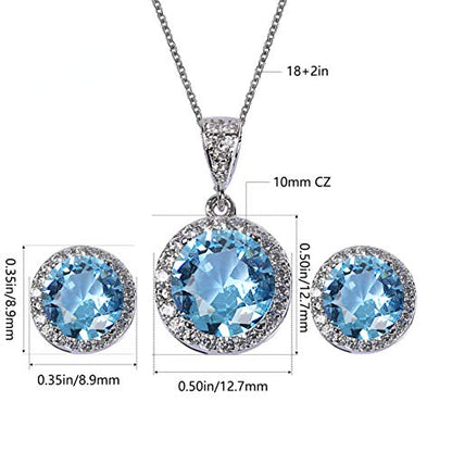 AMYJANE Halo Crystal Jewelry Set - Sterling Silver Round Cubic Zirconia Crystal Bridal Pendant Necklace Earrings Set for Wedding Bride Bridesmaids - color: Aquamarine