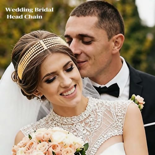 Gold Bridal Head Chain for Women Crystal Headpiece Elastic Layered Wedding Flapper Forehead Jewelry - color: Gold