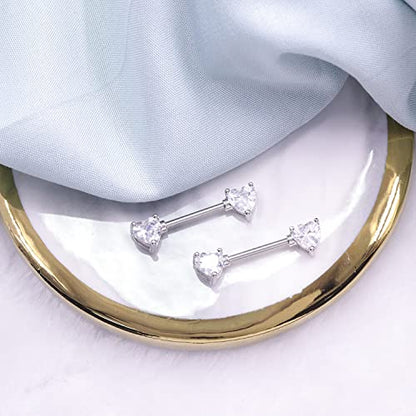 HQLA 14G Dainty CZ Love Heart Nipple Rings Tongue Ring Surgical Steel Nipple rings Piercing Women Barbells 2Pcs 25/8"(16mm) - style: Silver - Style A