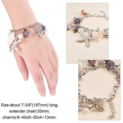 PH PandaHall Mermaid Jewelry Accessories for Women, Starfish Necklace Bracelet Boho Seashell Jewelries Ocean Beach Bib Statement Necklace Earrings for Summer Cosplay Holiday (Platinum) - color: bracelet & necklace & earrings + Gift Box