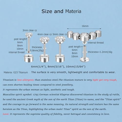 Lantine 16g CZ Crawler Flat Back Stud Earrings Set G23 Titanium Cartilage Tragus Daith Helix Piercing Jewelry 20g Flat Screw 2nd 3rd Lobe FlatBack Earrings - color: CZ, size: 16g 8mm