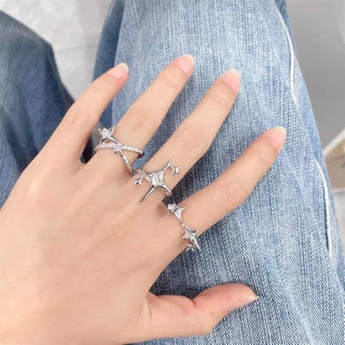 Y2k CZ Star Adjustable Open Stacking Rings for Women Men Vintage Punk Grunge Sparkling Crystal Cross Irregular Statement Stackable Finger Band Knuckle Rings Comfort Fit Fashion Jewelry 3Pcs Set