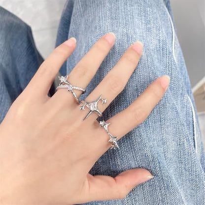 Y2k CZ Star Adjustable Open Stacking Rings for Women Men Vintage Punk Grunge Sparkling Crystal Cross Irregular Statement Stackable Finger Band Knuckle Rings Comfort Fit Fashion Jewelry 3Pcs Set