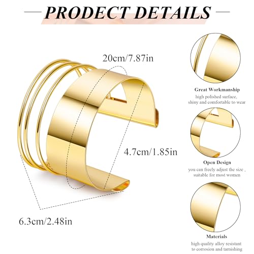 2Pcs Cuff Bangle Bracelet for Women Open Wide Bangle Bracelet Set | minimalist statement bangle bracelets，wrist cuff wrap bracelet adjustable，open wide wire grooved hammered bracelet set - color: 2PCS-Gold-F