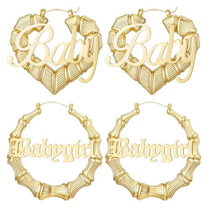 18K Gold Plated Bamboo Hoop Earrings for Women – Large Round Heart Design, 80/90s Ghetto Door Knocker Style, Trendy Hip Hop Jewelry Accessories - color: 2 Pcs Gold
