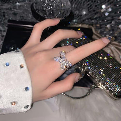 Sparkly Rhinestone Bow Rings for Women Adjustable Cocktail Statement Finge Ring Pave Crystal Bow Open Ring Promise Engagement Wedding Party Jewelry - style: Silver
