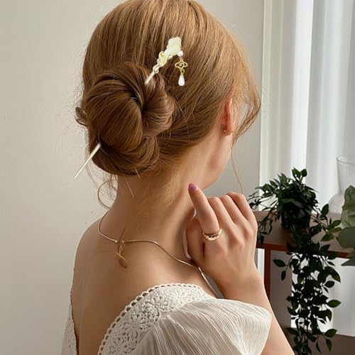 6PCS Chinese Hair Sticks Set, Gold White Japanese Hair Stick with Pearl Flower Bamboo Leaves Design Metal Hair Chopsticks Hair Bun Updo Holders Long Thick Hair Accessories for Women - color: 6pcs Green