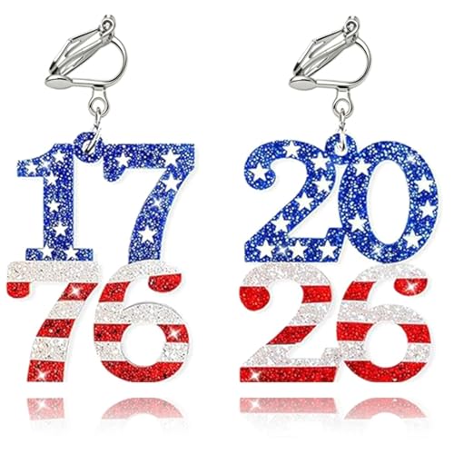 4th of July Independence Day Clip on Earring for Women American Flag Dangle Earrings Patriotic Red White Blue USA Earring, Pave Crystal Stud - color: blue 50