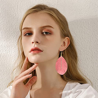 YUNXI Large Genuine Soft Leather Handmade Fringe Feather Lightweight Leaf with Simple Drop Metal Bar Tear Drop Dangle Color Earrings for Women - color: Watermelon Red