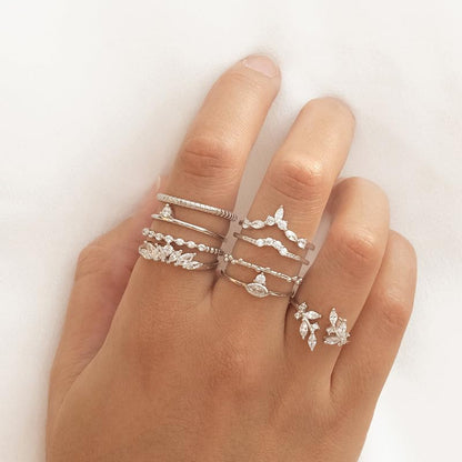Gold Rings Non Tarnish Silver Adjustable Rings for Women Cubic Zirconia Leaf Ring Dainty Silver Stackable Ring for Women - style: silver