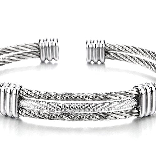 COOLSTEELANDBEYOND Men Women Stainless Steel Twisted Cable Adjustable Cuff Bangle Bracelet - color: A-Metal Color: Silver