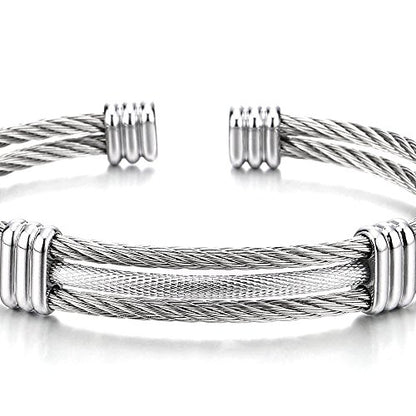 COOLSTEELANDBEYOND Men Women Stainless Steel Twisted Cable Adjustable Cuff Bangle Bracelet - color: A-Metal Color: Silver