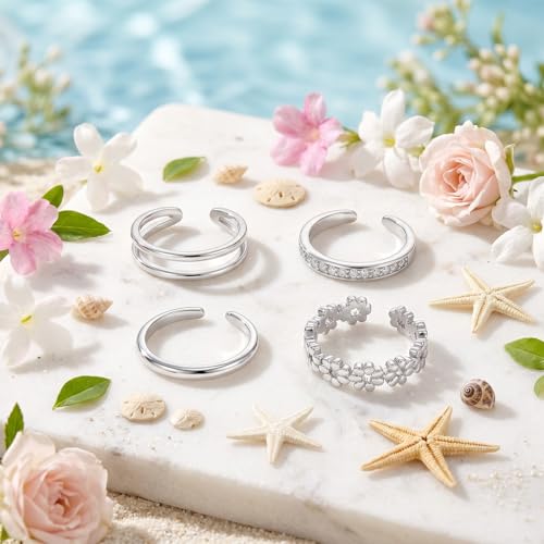 Tyqour Silver Toe Rings for Women Stainless Steel Toe Rings Adjustable Ring Set of 4 Non Tarnish Toe Rings Silver for Summer Beach Jewelry