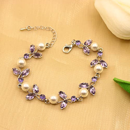 Luxury Cubic Zirconia Aurtrian Crystal Pearl Floral Necklace Dangle Earrings Wedding Bridal Jewelry Set Birthday Gifts for Her - color: Style02-Violet-Silver Plated