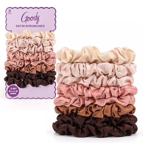 Goody Ouchless Skinny Satin Scrunchies, Frizz Fighting, No Damage Scrunchies, Gentle, Secure & Creaseless Hair Ties for Day and Overnight, All Hair Types, Gifts for Women & Girls, 8 Ct, Pink - color: Multicolor