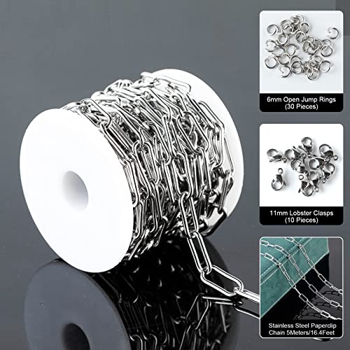 Silver Stainless Steel Chain Link 16.4 Feet Oval Paperclip Cable Necklace Chains Bulk with Lobster Clasps and Jump Rings for Men Women Jewelry Chain DIY Making - color: Steel Paperclip Chain_17x7mm