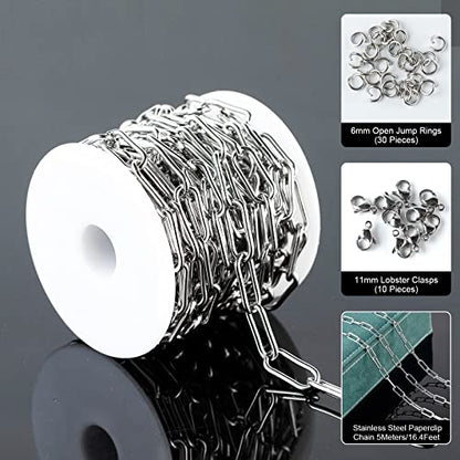Silver Stainless Steel Chain Link 16.4 Feet Oval Paperclip Cable Necklace Chains Bulk with Lobster Clasps and Jump Rings for Men Women Jewelry Chain DIY Making - color: Steel Paperclip Chain_17x7mm