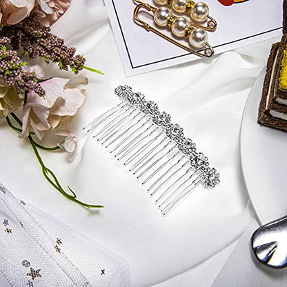 Geosar 4 Pieces Alloy Rhinestone Side Hair Combs Crystal Flower Clips Wedding Comb Bridal Jewelry Clips Combs French Hair Accessories for Women(Silver) - color: Silver