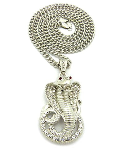 Fashion 21 Pave Red Eye Cobra Pendant 24" Rope, 36" Cuban Chain Necklace in Gold, Silver Tone Plated - style: Silver Tone / 36" Cuban Chain