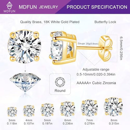 18K White/Yellow Gold Plated Stud Earrings for Men Women 4 Prong Graduated Round Clear Cubic Zirconia Hypoallergenic Earrings Set 3-8MM - color: Yellow Gold Plated, size: Pack-3/4/5/6MM