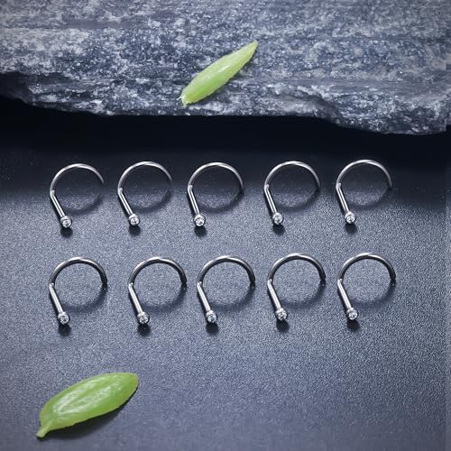 ASTM F136 Titanium Nose Rings 18G 20G 22G Jeweled Clear Cubic Zirconia Nose Studs Ring Screw L-Shaped Bone Hypoallergenic Body Piercing Jewelry for Women 1.5mm 2mm 2.5mm 3mm 10PCS - style: Screw:20G(0.8mm)-1.5mm CZ