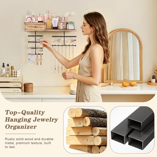 VINAEMO Jewelry Organizer Hanging Wall Mounted Jewelry Holder with Rustic Wood Drawer & Large Capacity Storage Shelf Rack Display for Earrings Rings Necklaces Bracelet - color: Carbonized Black