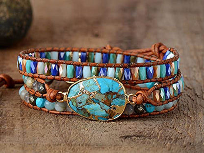 Women Wrap Bracelets Boho Natural Stone Jasper Turquoises Strand Bracelet Jewelry Collection - color: Turquoise