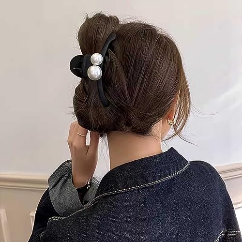Pearl Claw Clips - Black Hair Bows - Pearl Bead Hair Clamps - Strong Hold Jaw Clip - Large Non Slip - Hair Clips for Thick & Long Hair - Fashion Hair Accessories - Jewelry for Women & Girls